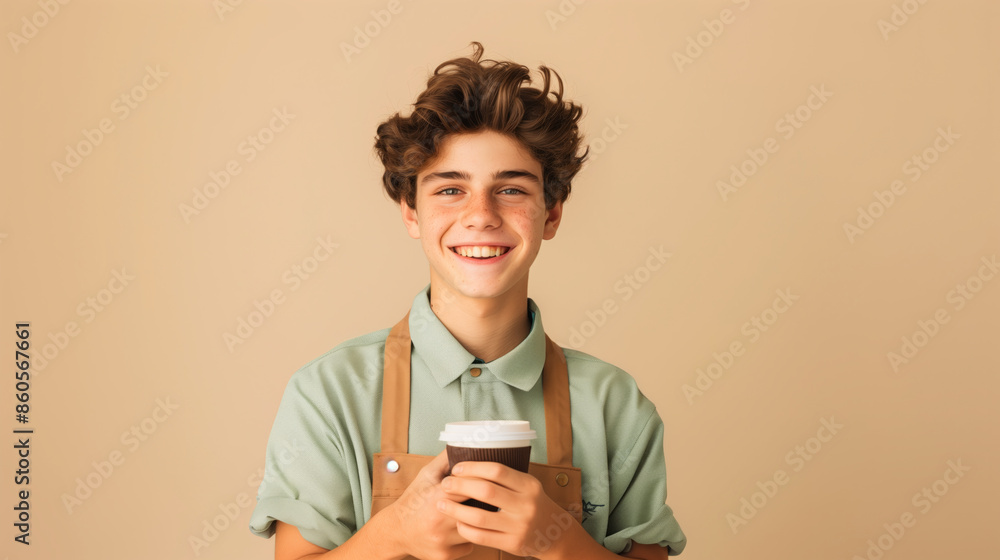 portrait of a young boy in a barista uniform, holding a cup of coffee