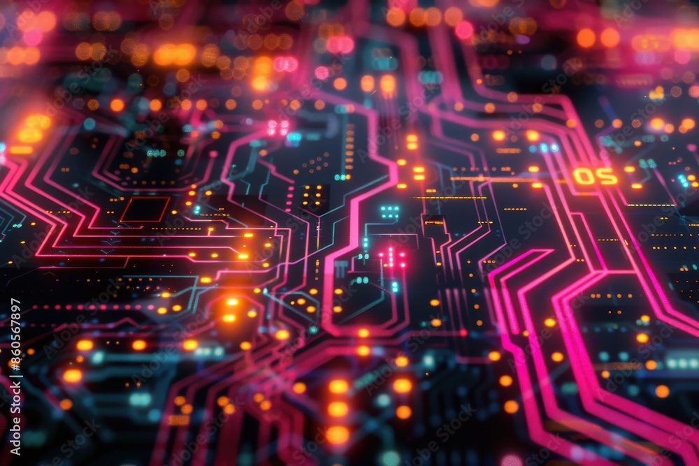 Neon integrated circuit displayed with data on dark background Neon integrated circuit displayed with data on dark background