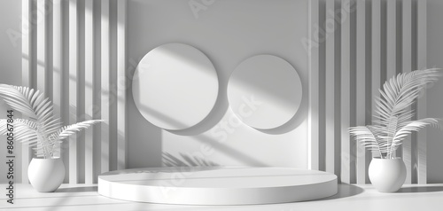 Wallpaper Mural Modern minimalist white interior with round mirrors and elegant plants. Geometric shadows create a serene, stylish atmosphere. Torontodigital.ca