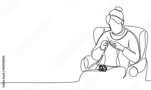 Grandmother is knitting one line continuous. Old woman is knitting line art. Hand drawn vector art.