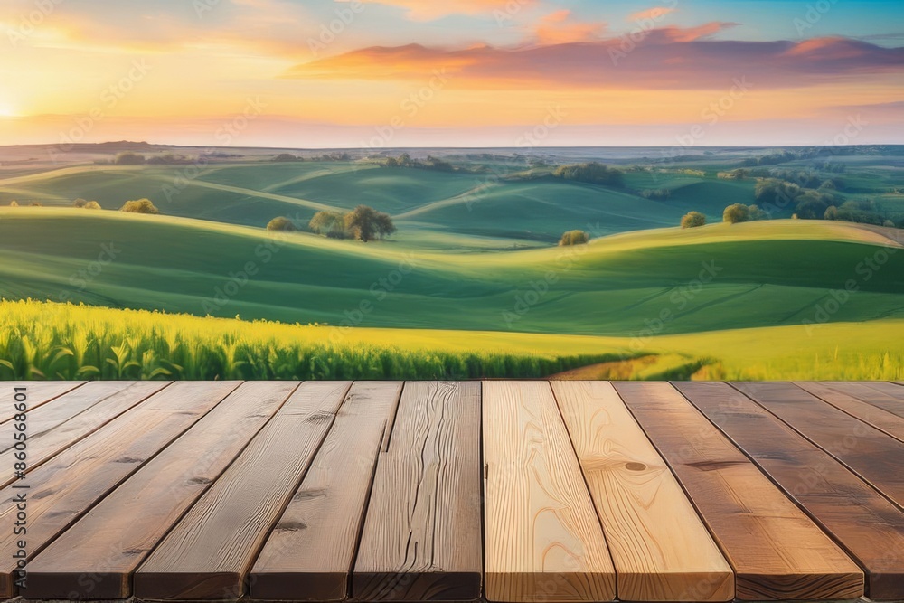 The empty wooden table top with blur background of tea plantation. Exuberant image.