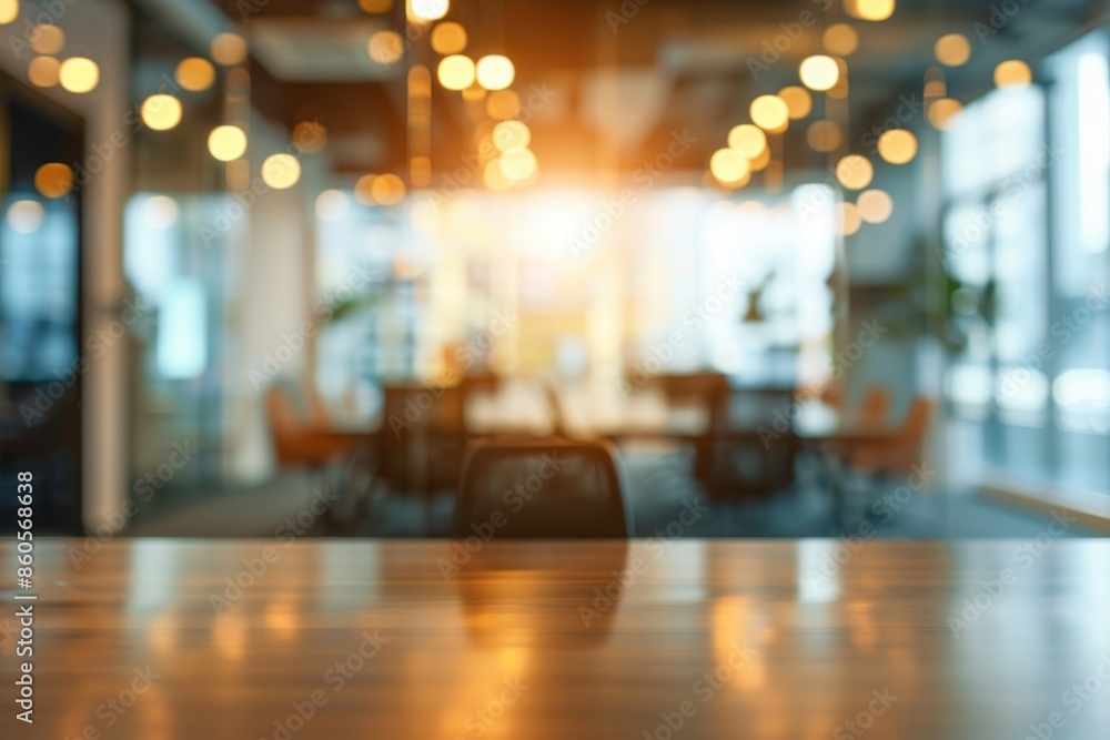 Fototapeta premium Office meeting space with blurred backgrounds, work desk table for team discussions, and corporate seminars