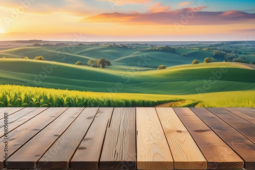 Obraz na płótnie The empty wooden table top with blur background of tea plantation. Exuberant image. w salonie