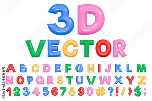 Multicolored playful alphabet in Y2K style. 3D rendering of plump letters, plastic glossy reflective texture. Vector illustration.