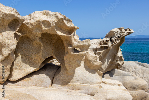 Beautiful rocks on the cape of Vourvourou Karydi Beach, Sithonia, Chalkidiki peninsula, Central Macedonia, Northern Greece, Aegean Sea coast photo