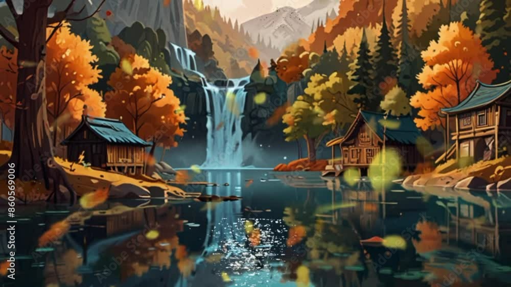 wooden house in the forest with flowing river, boats and waterfall in spring. Seamless looping 4k video animation wooden house in the forest with flowing river, boats and waterfall in spring. Seamless looping 4k video animation