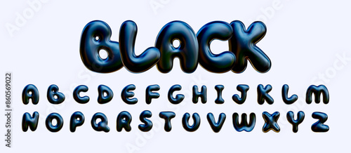 Black three dimensional alphabet. 3D rendering of plump letters, plastic glossy reflective texture. Vector illustration on white isolated background.