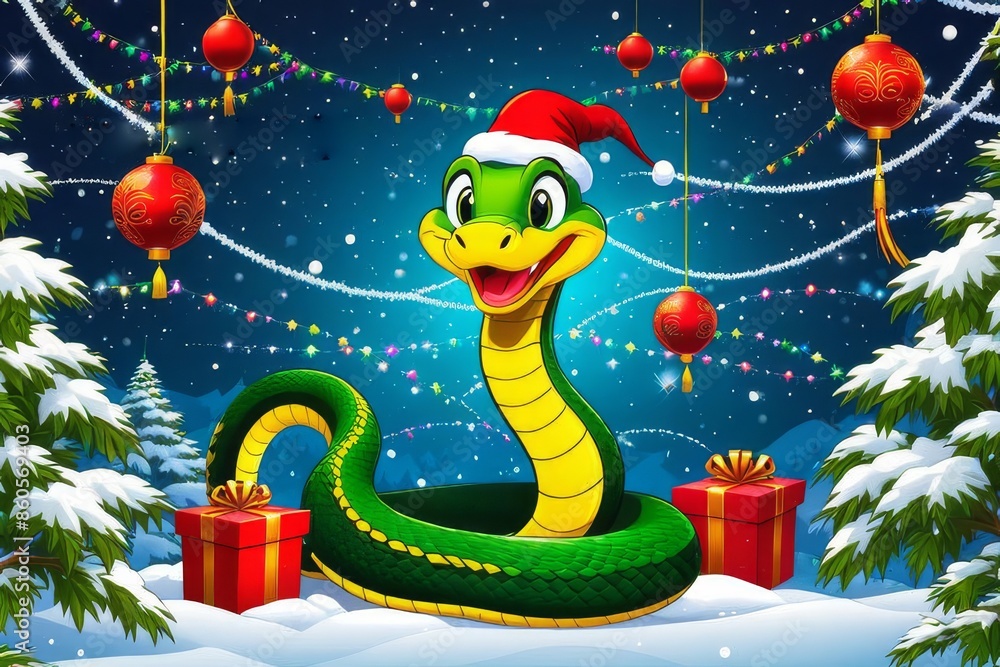 Cute cartoon green snake near the Christmas tree in the winter forest.