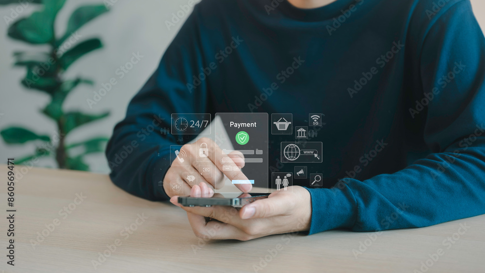 Buy now pay later online shopping concept. Hands holding mobile phone on blurred store as background. Online shopping. Paying after delivery. Complete the payment after purchase at no added cost.