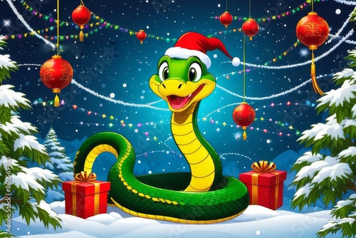 Obraz na płótnie Cute cartoon green snake near the Christmas tree in the winter forest. w salonie