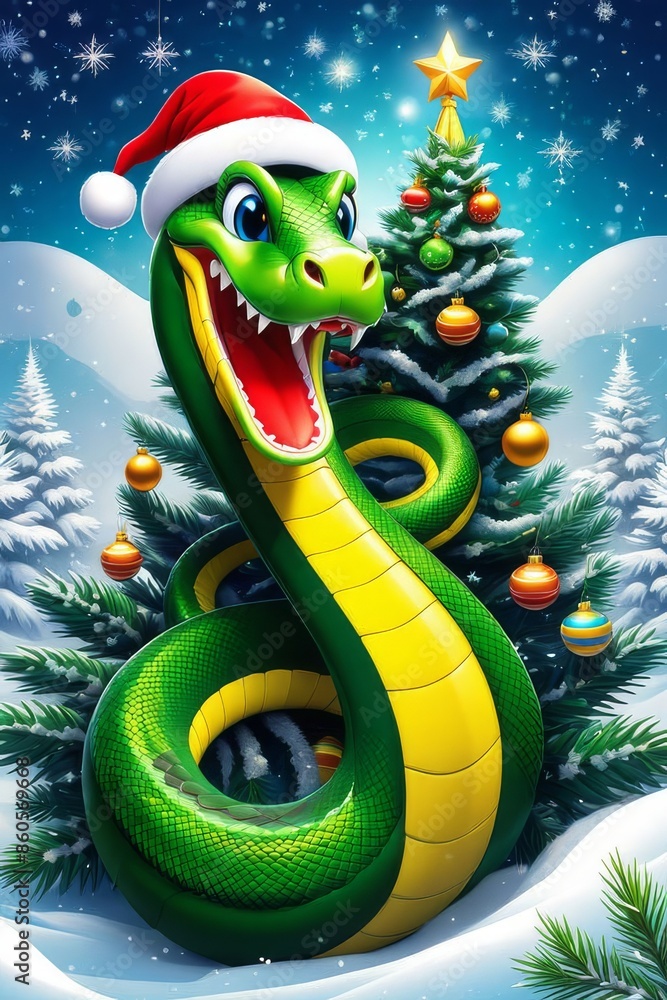 Cute cartoon green snake near the Christmas tree in the winter forest.