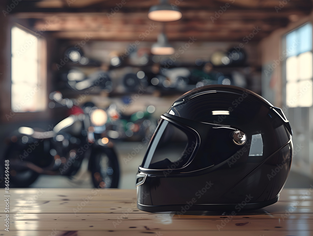 Black glossy Motorcycle Helmet on Wooden Table in Parking Garage Black glossy Motorcycle Helmet on Wooden Table in Parking Garage