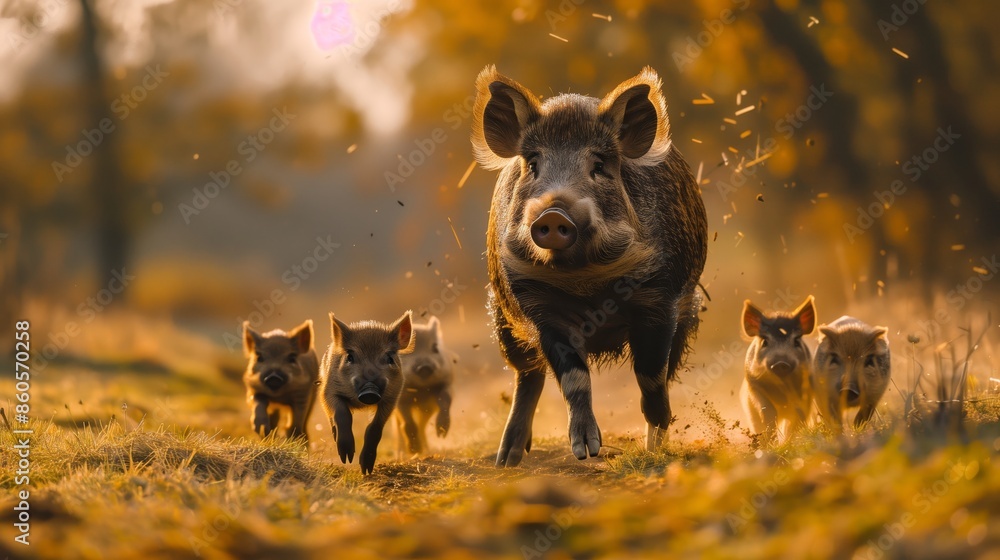 A group of wild boars running on the grassland A group of wild boars running on the grassland