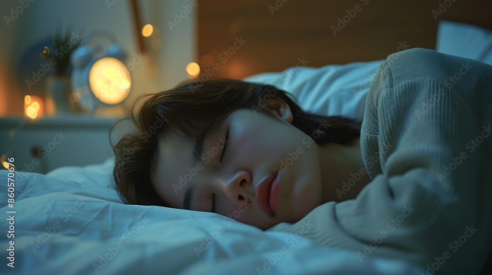 A photo of an alarm clock on the bedside table, with a woman sleeping in the bed behind it A photo of an alarm clock on the bedside table, with a woman sleeping in the bed behind it