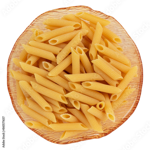 High-quality Italian pasta penne rigate. Extruded through traditional bronze dies. Isolated on white background.