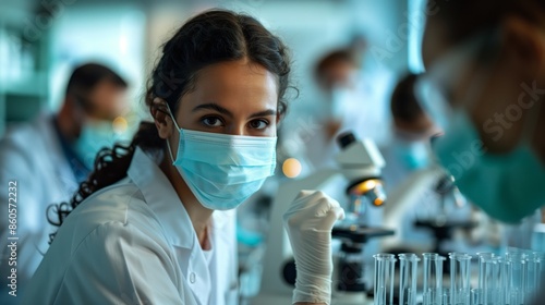 Female scientist working in a lab with a group of male researchers wearing face masks looking through microscopes