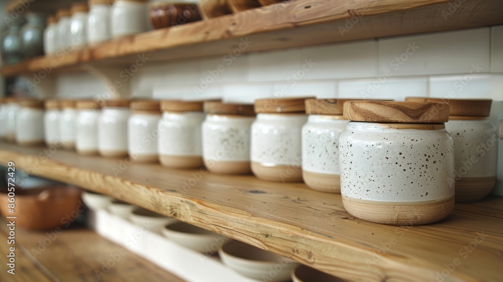 A set of white ceramic jars with wooden lids displayed on a wooden shelf. A set of white ceramic jars with wooden lids displayed on a wooden shelf.