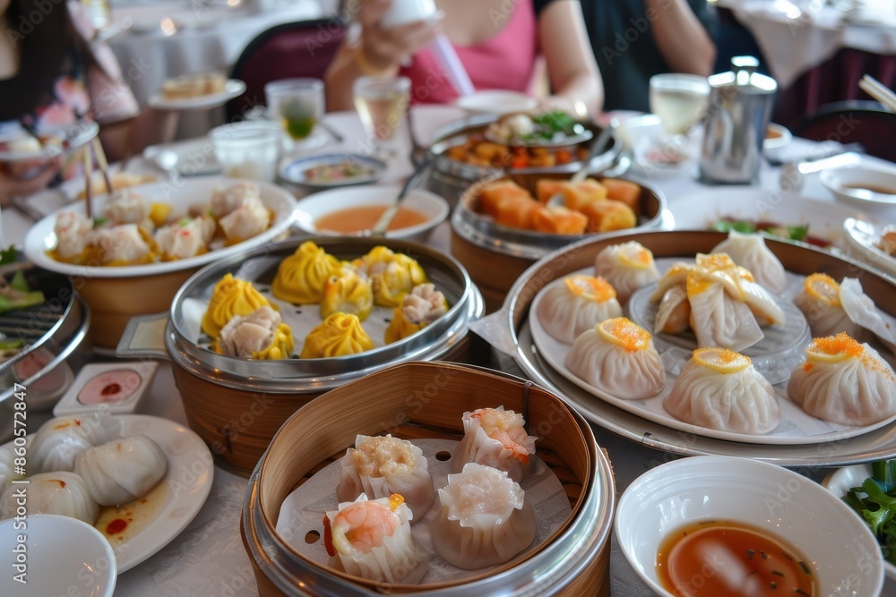 Dim Sum Delight: Vibrant Display of Chinese Cuisine Variety on Table, Cultural Food Experience Dim Sum Delight: Vibrant Display of Chinese Cuisine Variety on Table, Cultural Food Experience