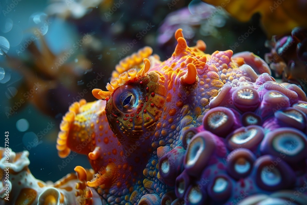 A colorful sea creature with a big eye and many small eyes A colorful sea creature with a big eye and many small eyes