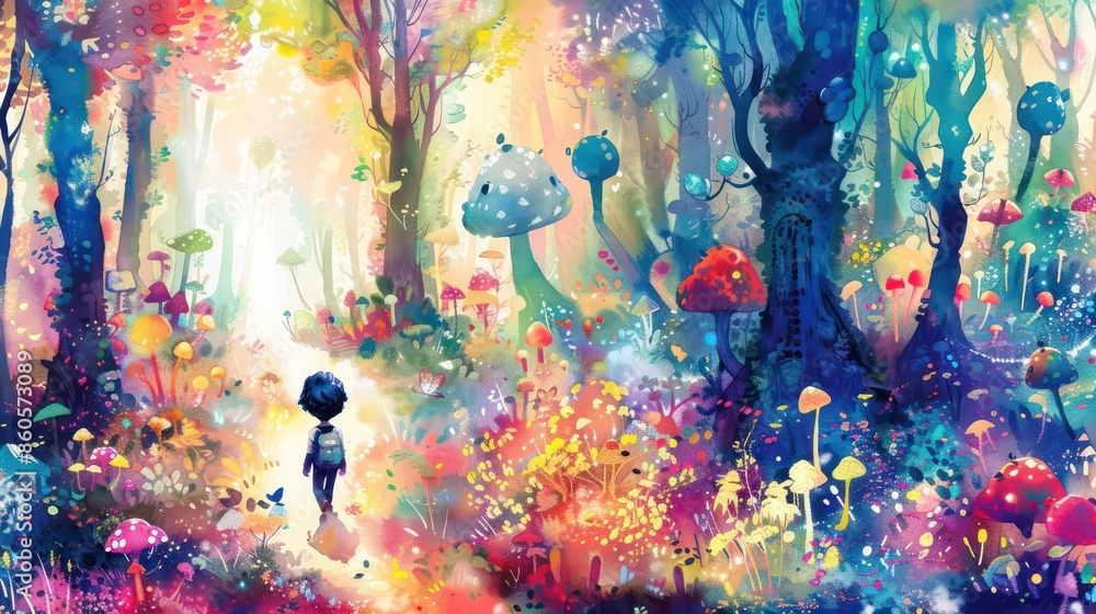 Fototapeta premium A vibrant watercolor painting of a curious little boy embarking on an adventure through a magical forest