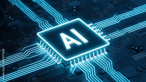 Glowing light blue neon AI chip with thin circuit contact lines. AI chip on technology background. Abstract digital tech background in monochrome blue. Semiconductor on a board. Vector illustration