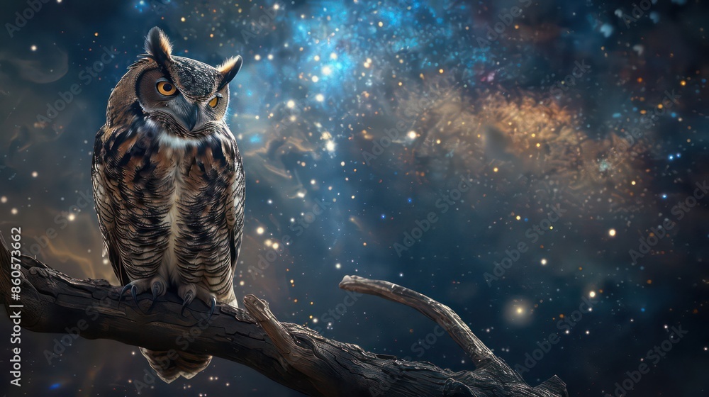 Moon light, owl in fantasy enchanted fairy tale spruce forest Moon light, owl in fantasy enchanted fairy tale spruce forest