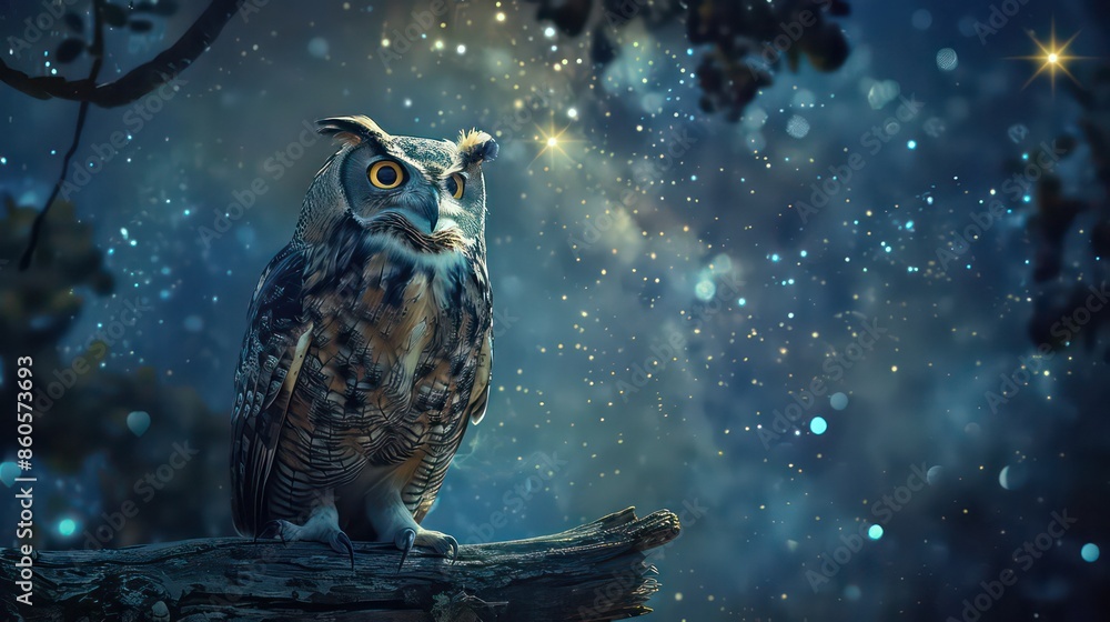 Moon light, owl in fantasy enchanted fairy tale spruce forest Moon light, owl in fantasy enchanted fairy tale spruce forest