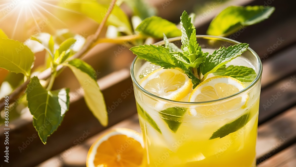 Homemade lemonade with mint from lemone and orange citrus refreshig beverage in glass selective focus Homemade lemonade with mint from lemone and orange citrus refreshig beverage in glass selective focus