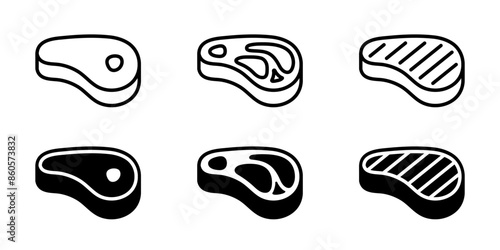 Meat icon set. Beef vector illustration. Steak symbol. BBQ sign. Raw meat pictogram. Grilled steak icon.