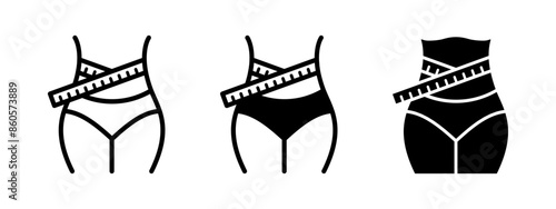 Waist measurement icon set. Slim waistline symbol. Measuring tape or ruler sign. Weight loss vector illustration. Healthy dieting pictogram. Fit woman body shape silhouette.
