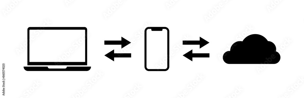 Device cloud sync vector illustration. Computer and phone cloud connection. Wireless network communication chain. Laptop and smartphone synchronization system icon. Device cloud sync vector illustration. Computer and phone cloud connection. Wireless network communication chain. Laptop and smartphone synchronization system icon.