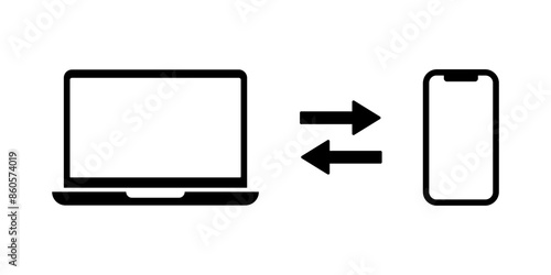 Device sync icon. Laptop and phone synchronization vector illustration. Computer and smartphone connection. Remote control system. Devices wireless transfer concept.