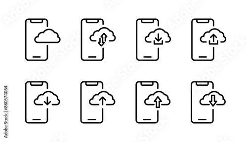 Phone with cloud sync icon set. Cloud download and upload symbols. Upload and download phone buttons. Data transfer icon set. Cloud service vector illustration.