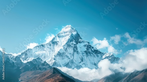 Snow-capped mountain peak against blue sky photo