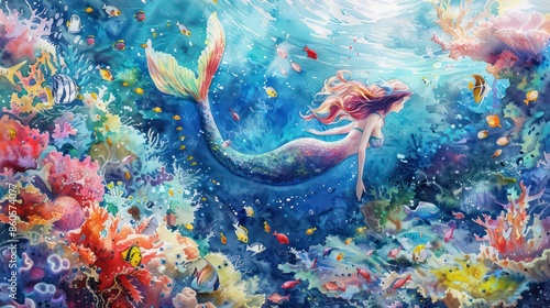 An enchanting watercolor painting of a mermaid with flowing hair and a sparkling tail