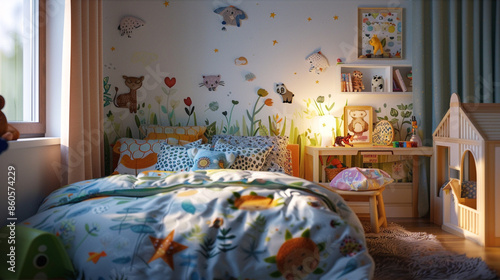 A cozy children's room with a white wall decorated with animal stickers, a small bed with a themed duvet cover, and a play corner with a dollhouse. © AR Arts