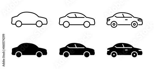 Car icon set. Simple and detailed auto symbol in different styles. Automobile vector illustration. Vehicle sign. Sedan silhouette. Black car graphic design concept.