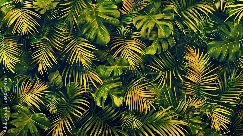 A lush green jungle with many leaves and a few palm trees A lush green jungle with many leaves and a few palm trees