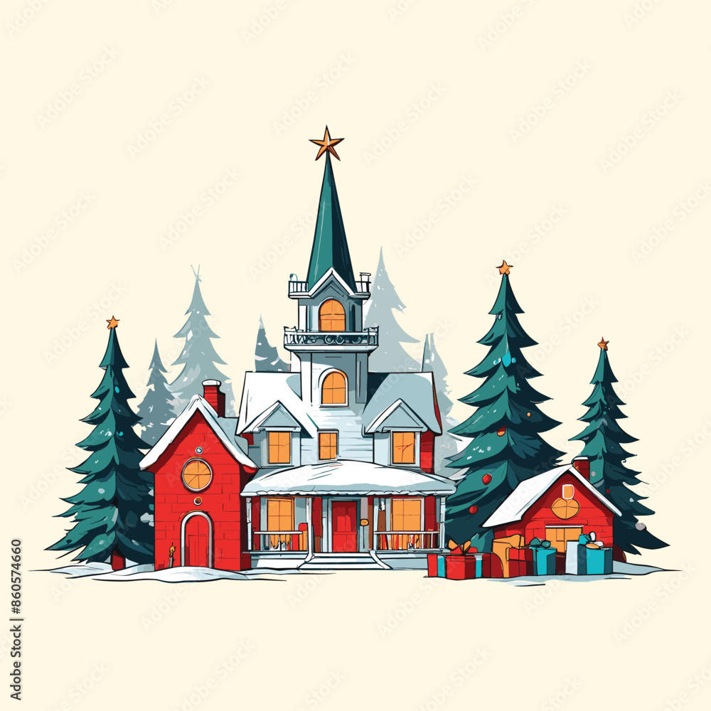 Festive Winter Village Cartoon Illustration Festive Winter Village Cartoon Illustration