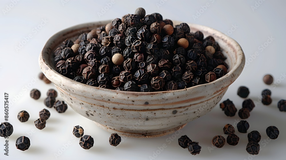 A bowl filled with dark, round, and irregularly shaped peppercorns. Some of these peppercorns have been scattered outside the bowl on a white surface. A bowl filled with dark, round, and irregularly shaped peppercorns. Some of these peppercorns have been scattered outside the bowl on a white surface.