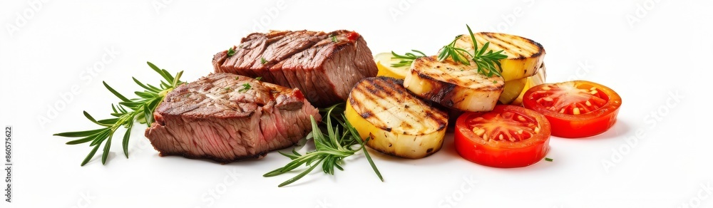 Grilled beef with vegetables and herbs on a white background. Promotional photo. Grilled beef with vegetables and herbs on a white background. Promotional photo.