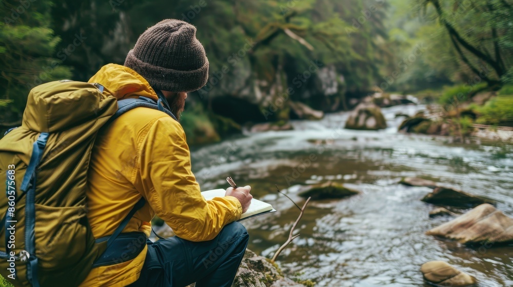 Serene Journaling in Nature: Hiker Writing by River Without Digital Distractions Serene Journaling in Nature: Hiker Writing by River Without Digital Distractions