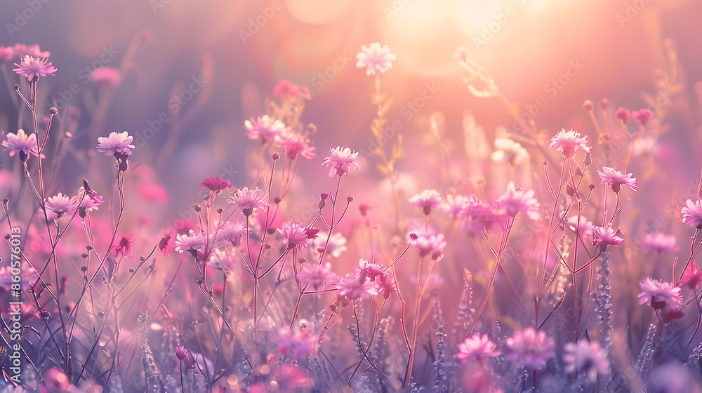 summer sunrise field of blooming pink meadow flowers : Generative AI summer sunrise field of blooming pink meadow flowers : Generative AI