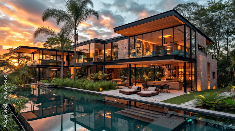 Fototapeta premium Modern Glass House with Infinity Pool at Sunset Surrounded by Lush Greenery