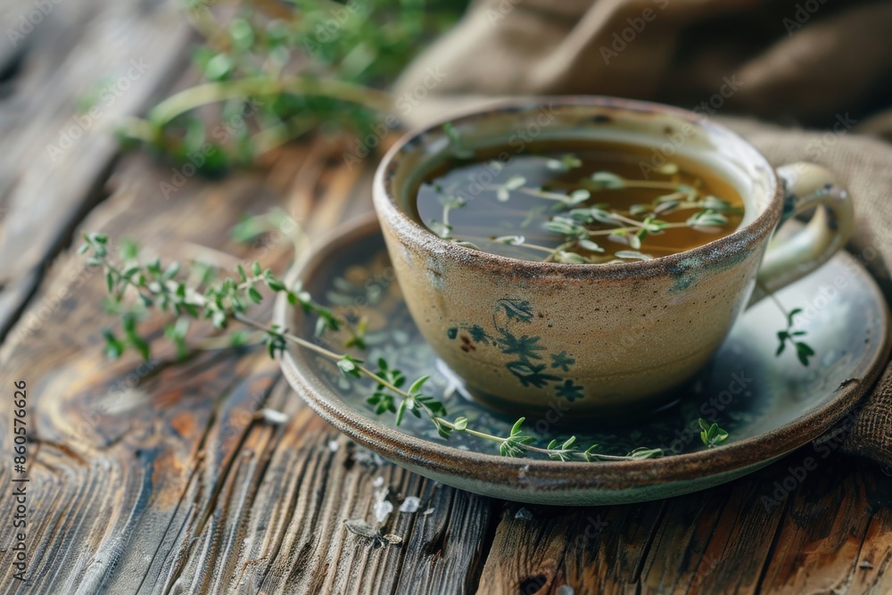 Enjoying a cup of herbal tea with thyme. Focus on tea cup Enjoying a cup of herbal tea with thyme. Focus on tea cup