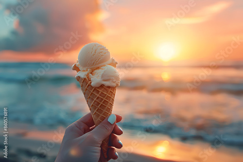 A detailed close-up of a woman’s hand holding a refreshing ice cream cone, with the sunset over the beach creating a warm, summer atmosphere