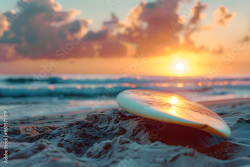 A high-resolution close-up of a surfboard stuck in the sand, with the sun setting over the ocean waves in the background, capturing the adventurous spirit of summer 