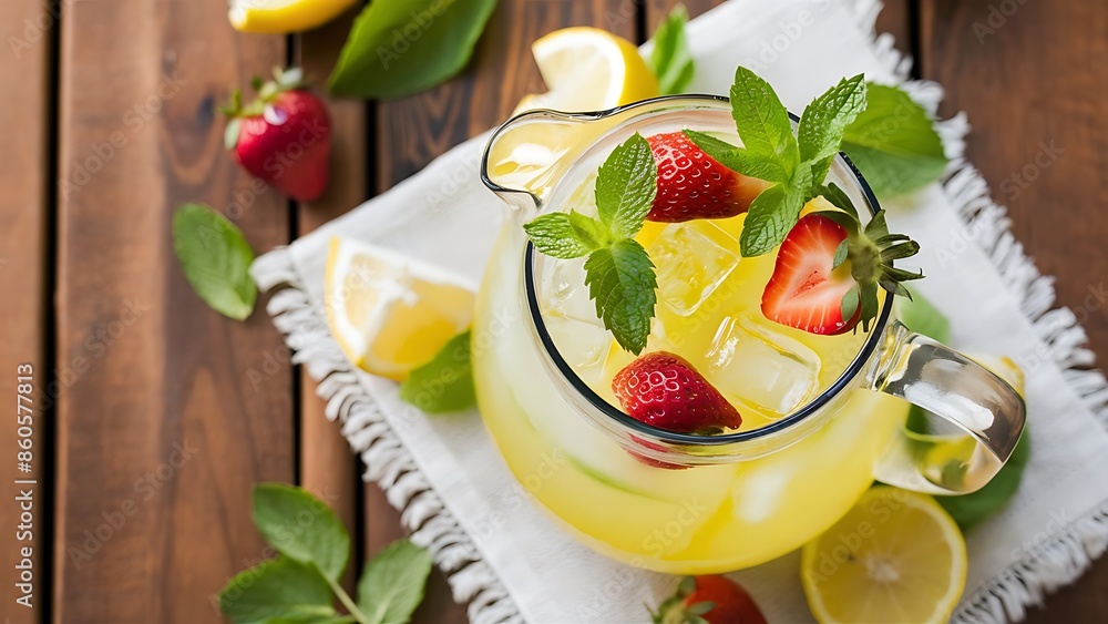 Homemade lemonade with mint and strawberries on a wooden table Homemade lemonade with mint and strawberries on a wooden table