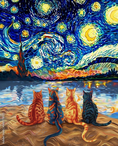 starr night painting of three cats sitting on a beach looking at the stars photo