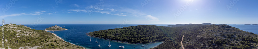 Panoramic drone view of the Mediterranean coast of the island Zirje in Croatia